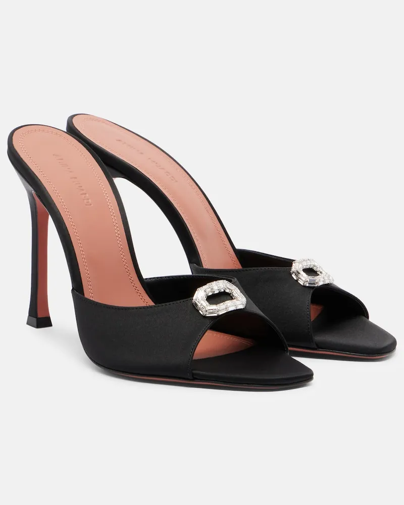 Amina Muaddi Pantoletten Camelia aus Satin mit Kristallen Schwarz