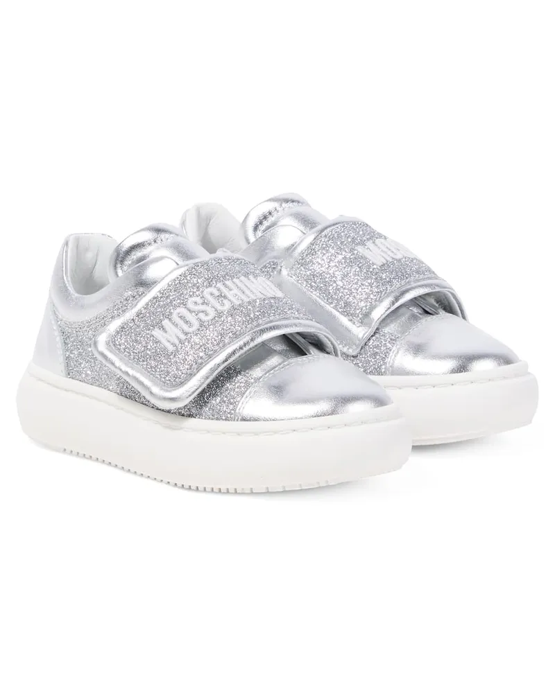 Moschino Sneakers aus Metallic-Leder mit Glitter Silber