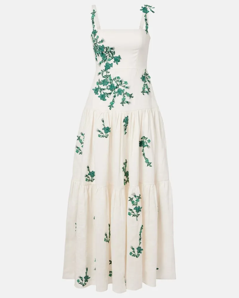 AGUA BENDITA Besticktes Maxikleid Lima aus Leinen Weiß