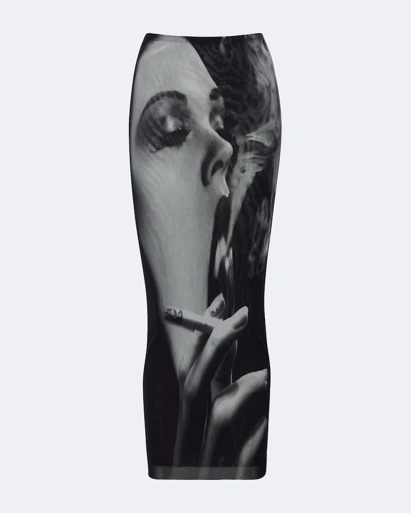 Jean Paul Gaultier Bedruckter Midirock aus Mesh Schwarz