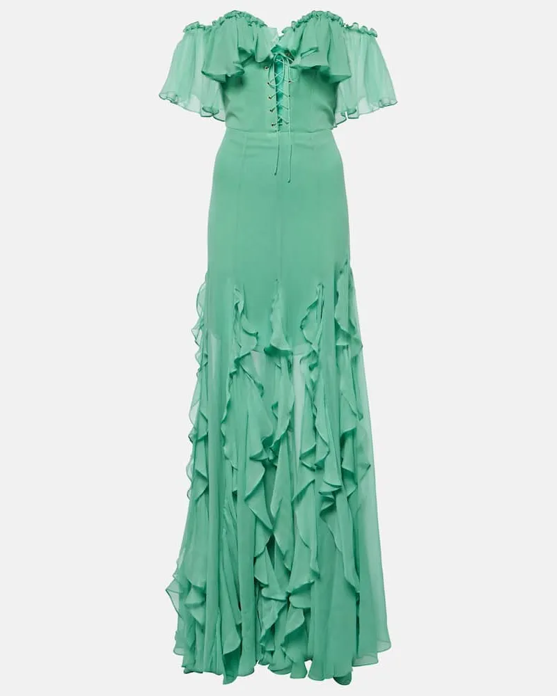 COSTARELLOS Off-Shoulder-Robe aus Seide Grün
