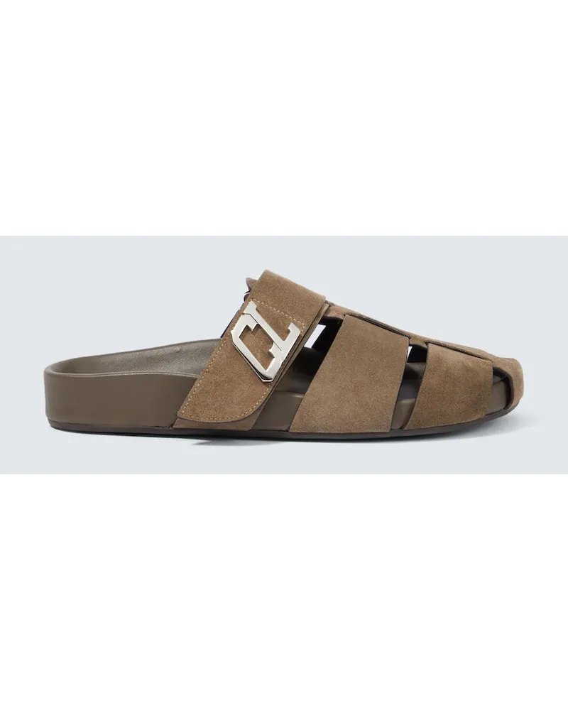 Christian Louboutin Verzierte Slippers aus Veloursleder Braun