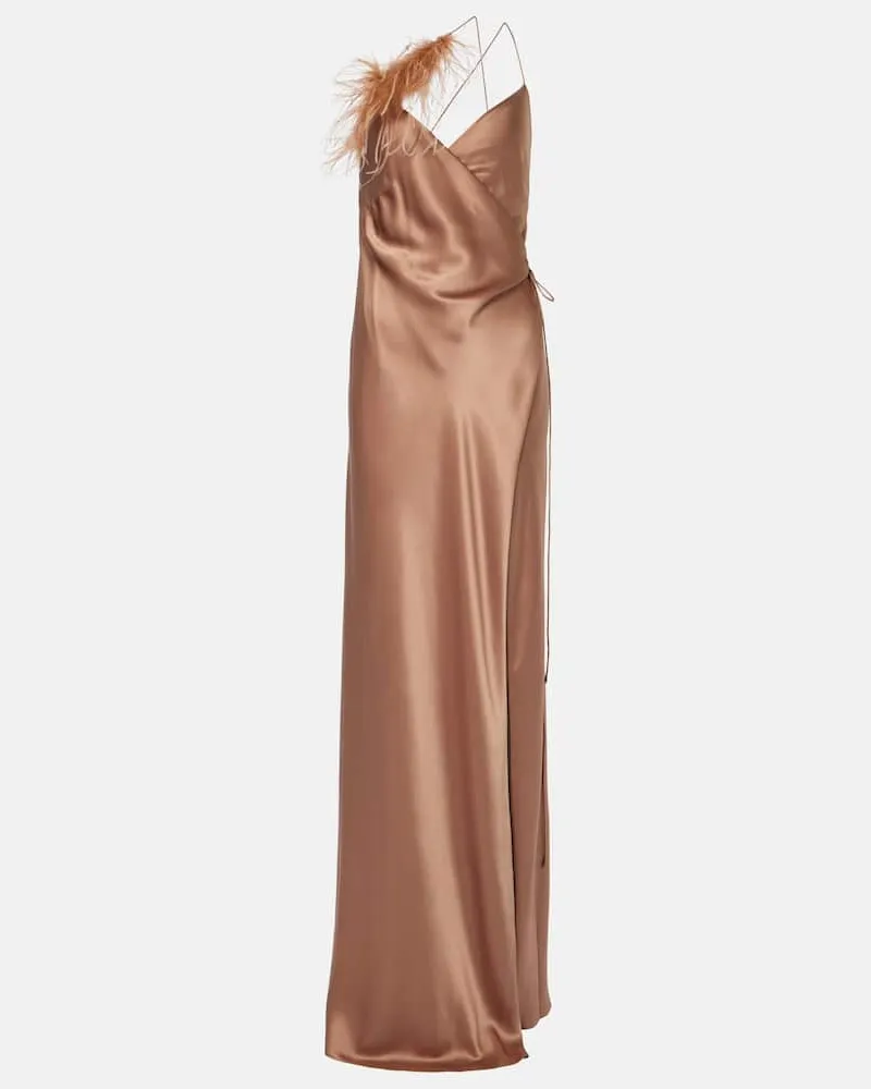 The Sei Wickelkleid aus Seidensatin mit Federn Beige