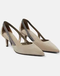 Brunello Cucinelli Verzierte Slingback-Pumps aus Veloursleder Beige