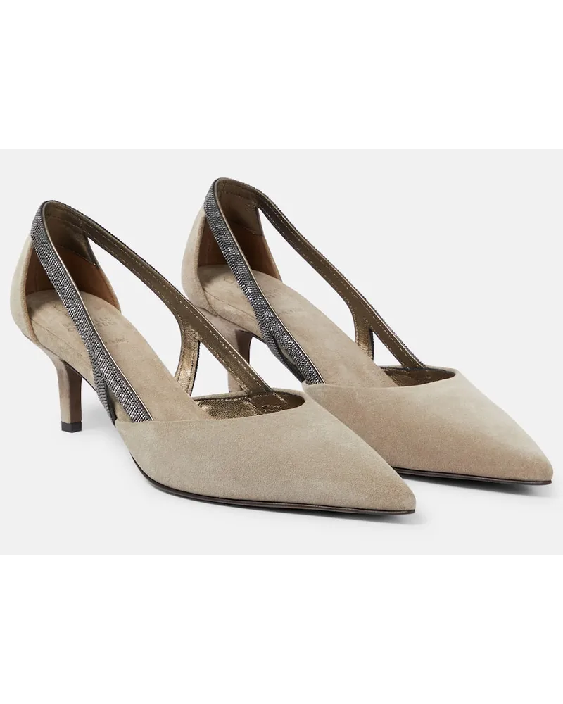Brunello Cucinelli Verzierte Slingback-Pumps aus Veloursleder Beige