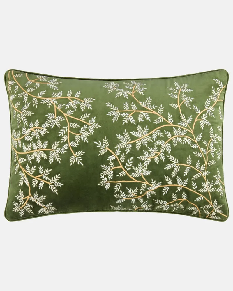Les-Ottomans Besticktes Kissen aus Baumwollsamt Grün