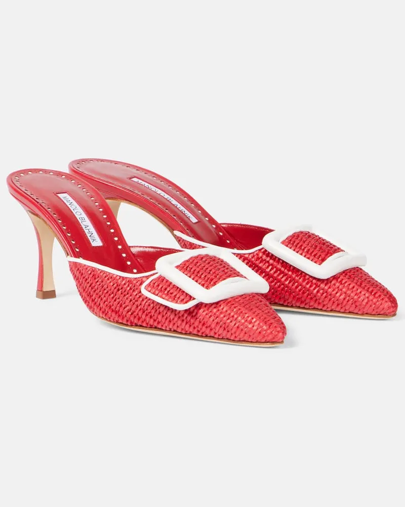 Manolo Blahnik Mules Maysale 70 aus Raffiabast mit Leder Rot