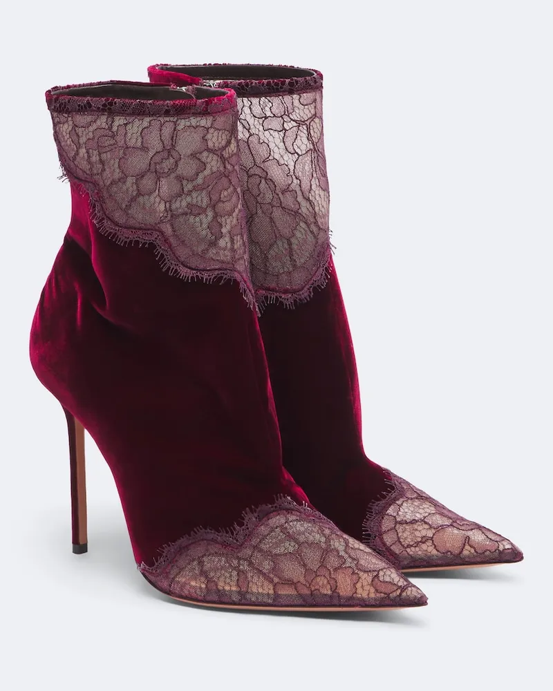 Aquazzura Ankle Boots Velvet Meadow aus Samt mit Spitze Burgunderrot