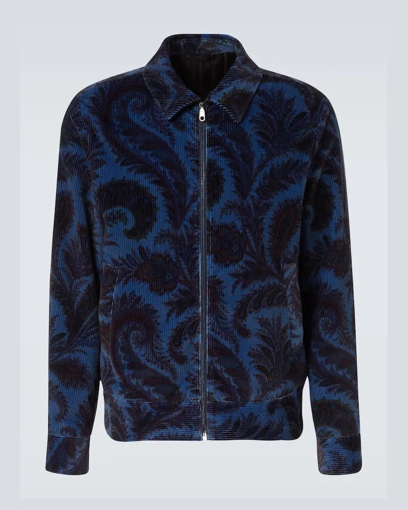 Etro Bedruckte Jacke aus Baumwollsamt Blau