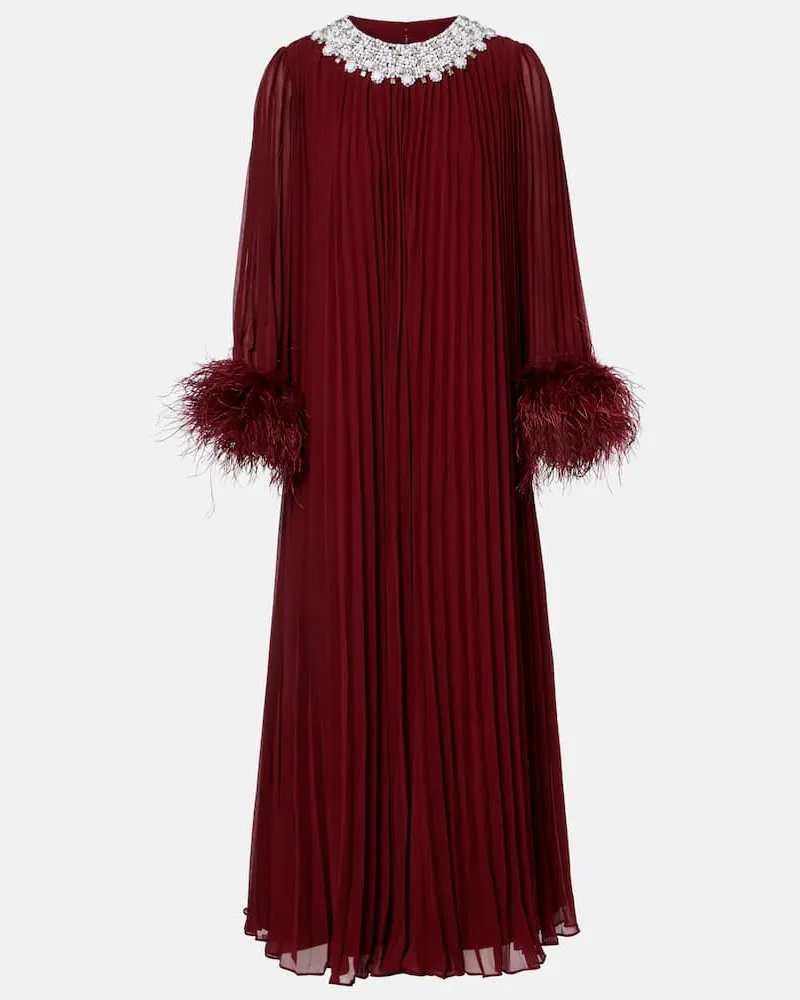 Self-Portrait Verziertes Maxikleid aus Chiffon mit Federn Burgunderrot