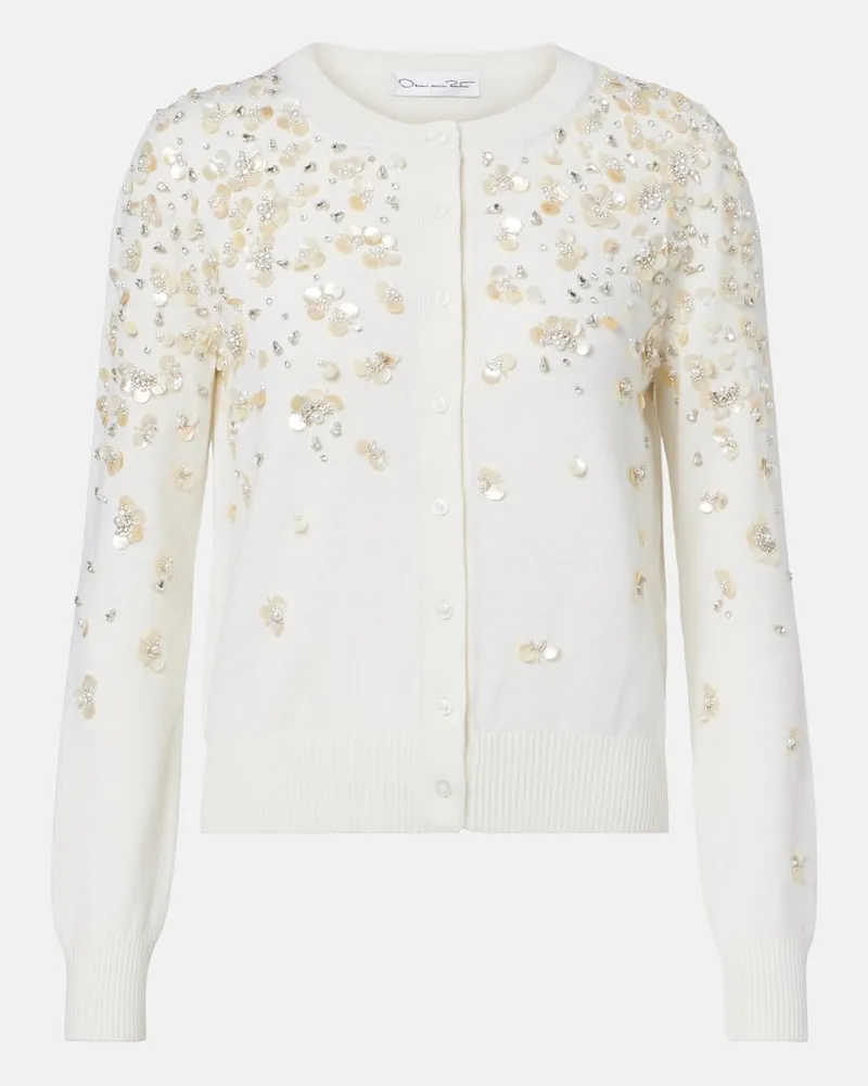 Oscar de la Renta Bestickter Cardigan aus Schurwolle Weiß