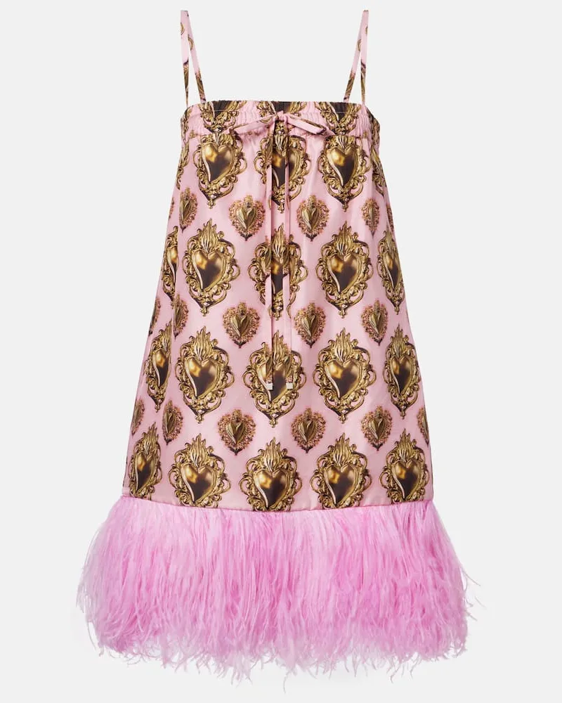 Dolce & Gabbana Bedrucktes Minikleid aus Seide mit Federn Pink