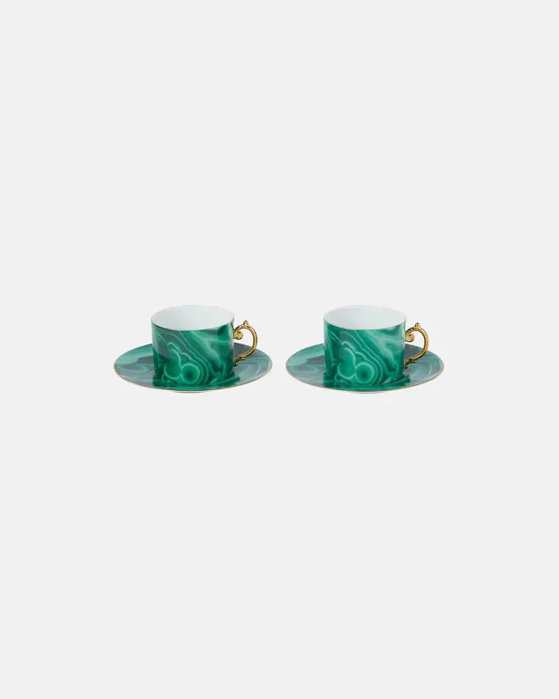 L’OBJET Set Malachite aus zwei Teetassen und Untertassen Grün