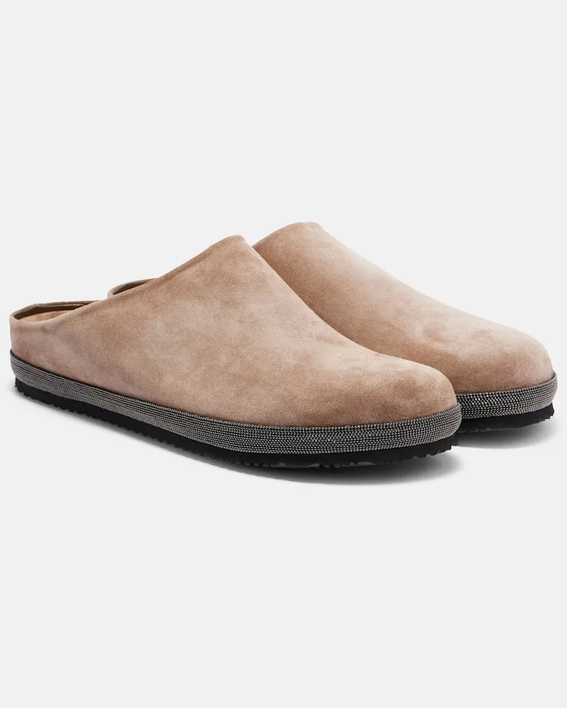 Brunello Cucinelli Slippers Monili aus Veloursleder Beige