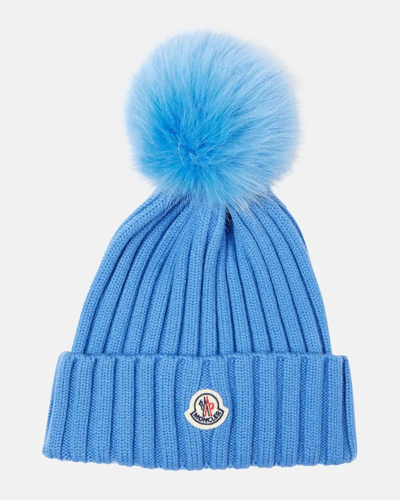 Moncler Mütze aus Wolle mit Faux Fur Blau