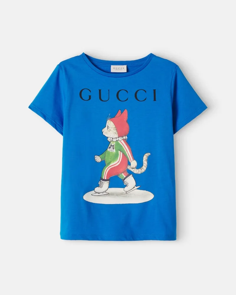 Gucci Bedrucktes T-Shirt aus Baumwoll-Jersey Blau