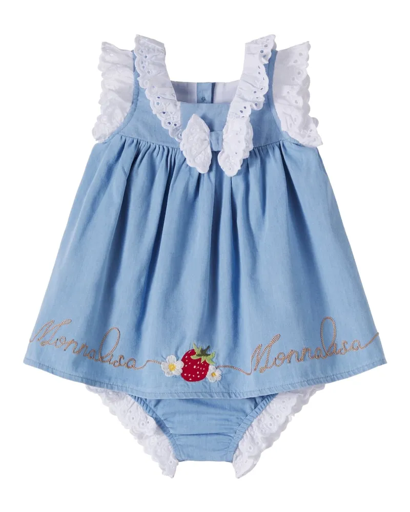Monnalisa Baby Set aus Kleid und Höschen aus Baumwoll-Chambray Blau
