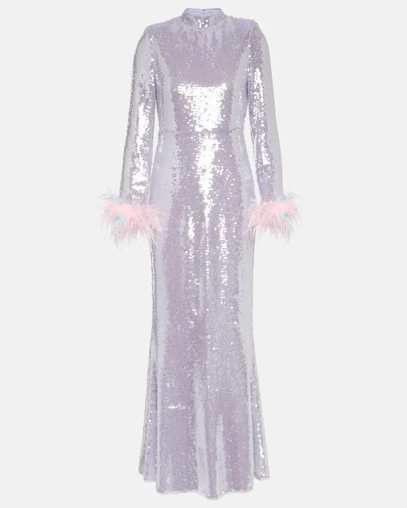 Self-Portrait Robe mit Pailletten und Federn Violett