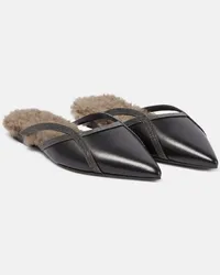 Brunello Cucinelli Slippers aus Leder mit Shearling Schwarz