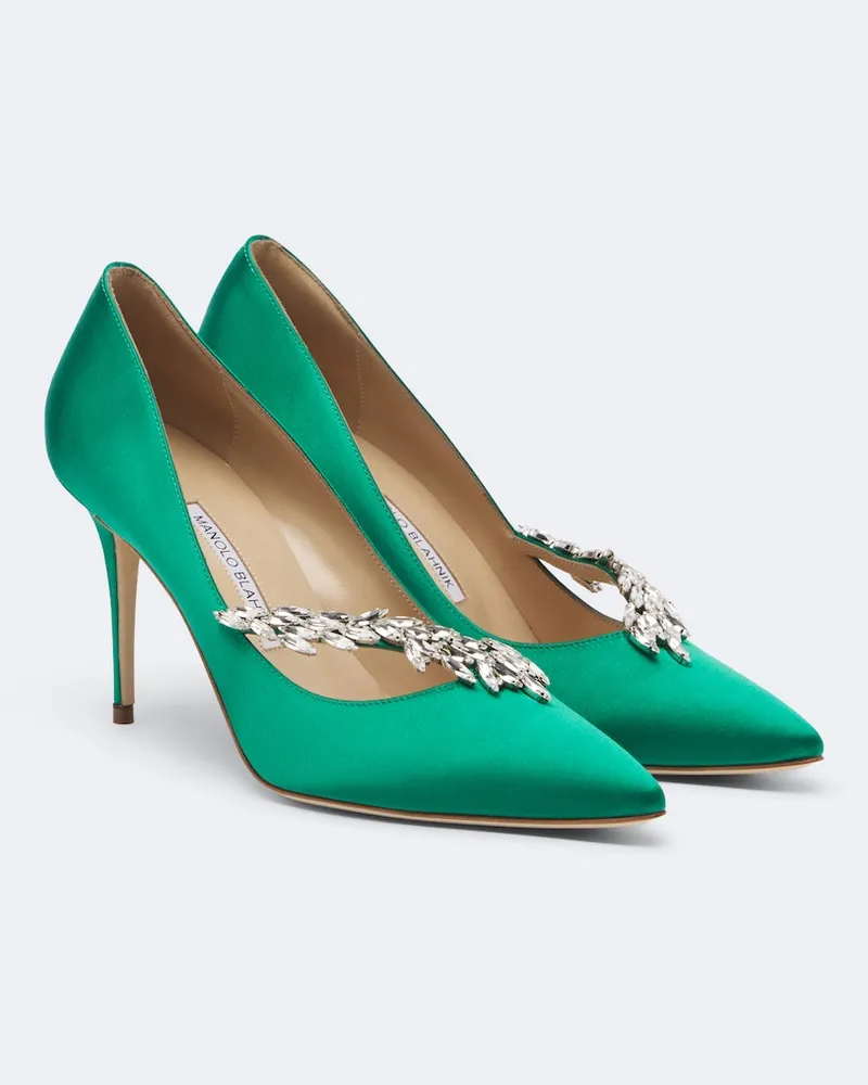 Manolo Blahnik Pumps Nadira aus Satin mit Kristallen Grün
