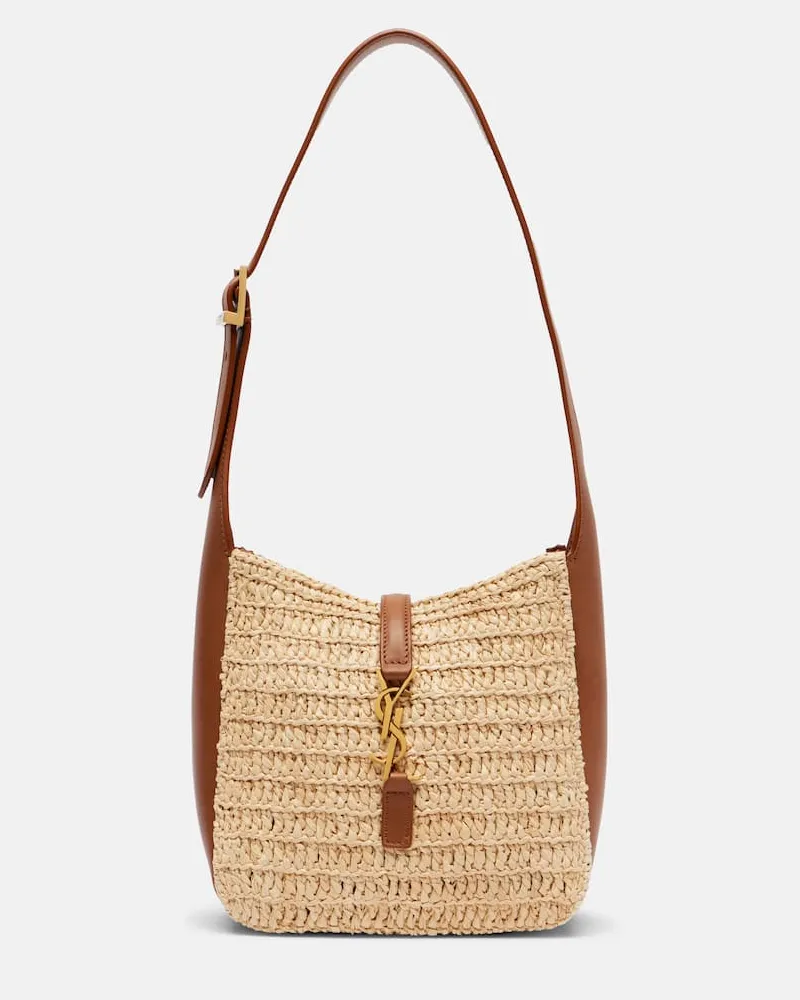 Saint Laurent Schultertasche Le 5 à 7 Baby aus Raffiabast Beige