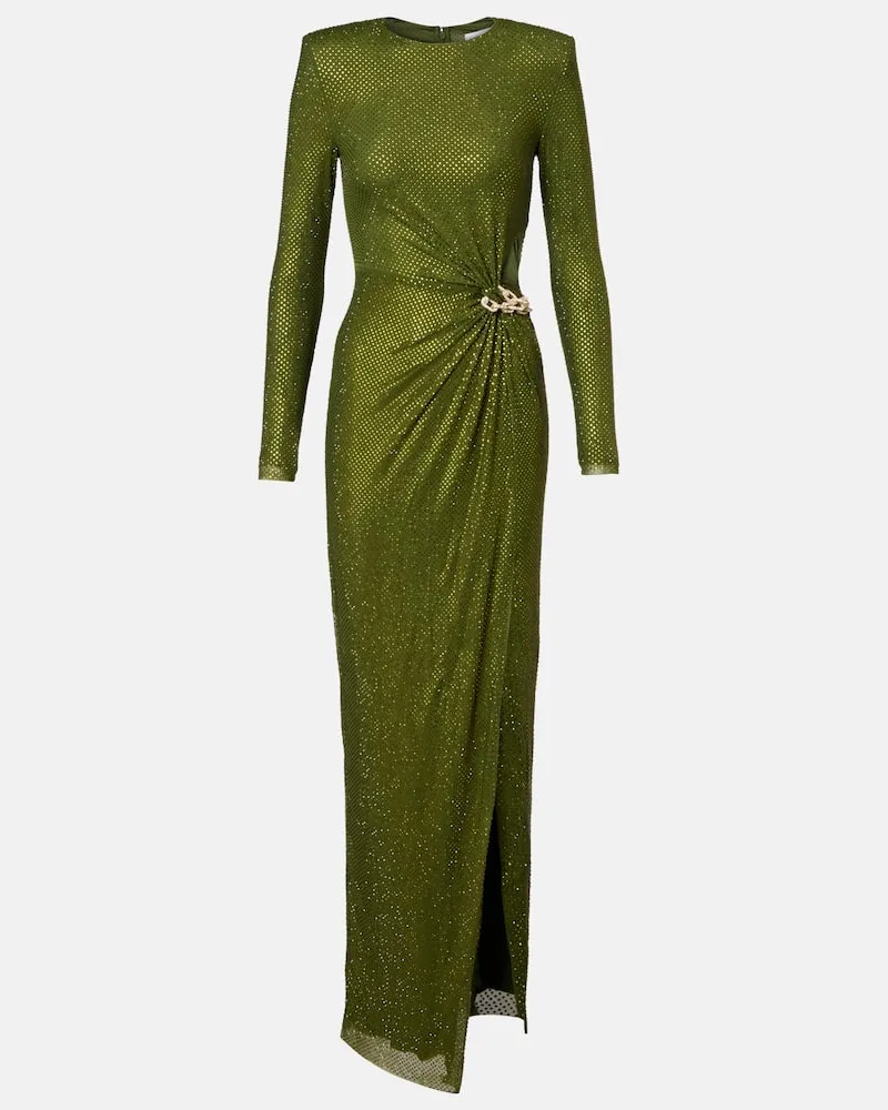 Self-Portrait Robe aus Jersey mit Kristallen Grün