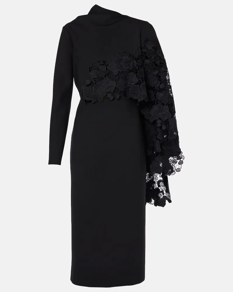 Oscar de la Renta Midikleid aus Wolle mit Guipure-Spitze Schwarz