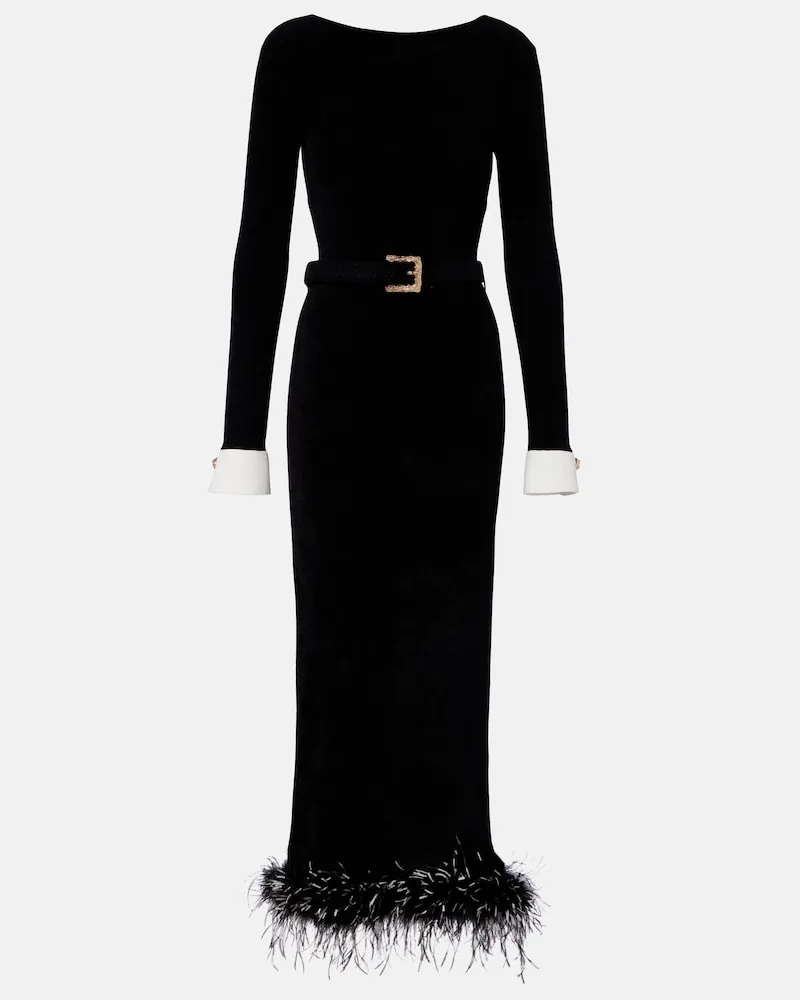 Self-Portrait Midikleid mit Federn Schwarz