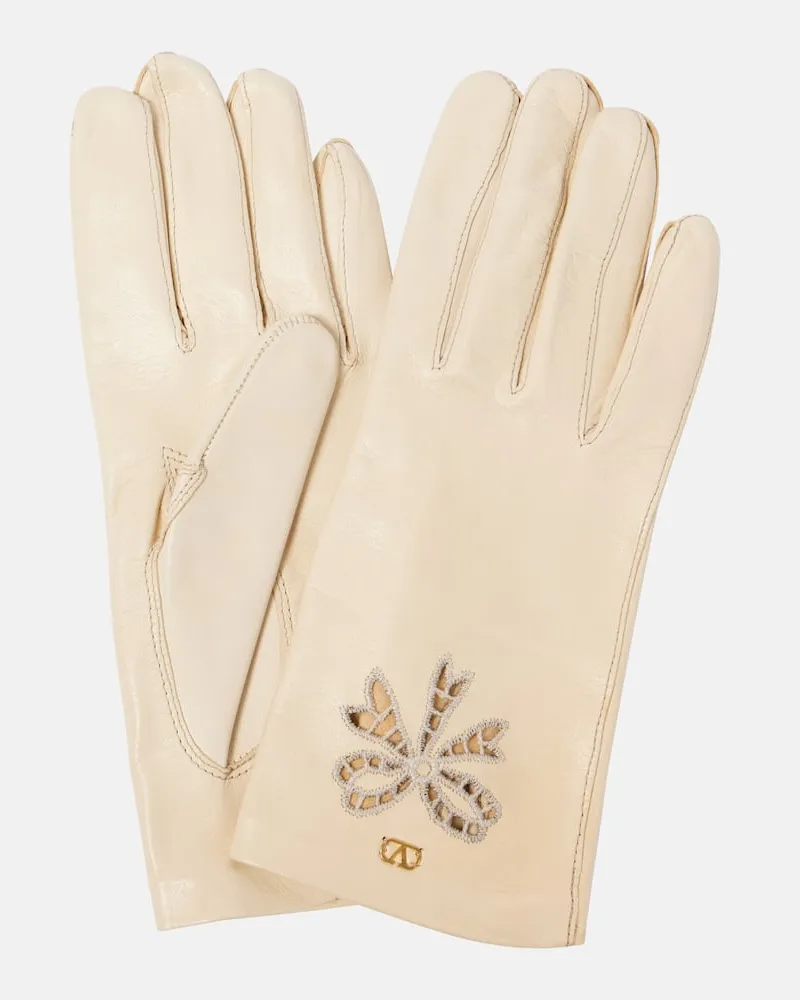 Valentino Garavani Bestickte Handschuhe VLogo Signature aus Leder Beige