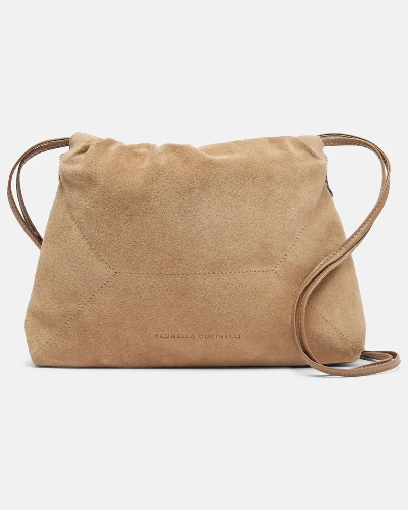 Brunello Cucinelli Schultertasche Mellow Small aus Veloursleder Beige