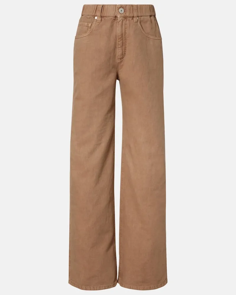 Brunello Cucinelli Weite Mid-Rise-Hose aus Baumwolle und Leinen Braun