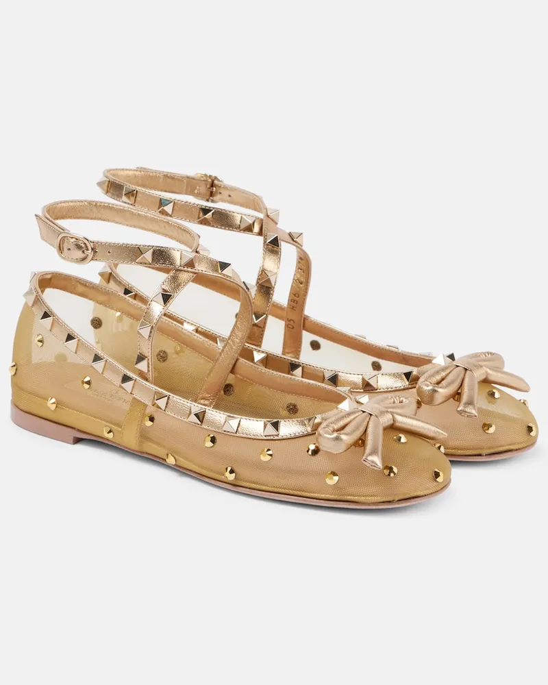 Valentino Garavani Verzierte Ballerinas Rockstud aus Mesh Gold