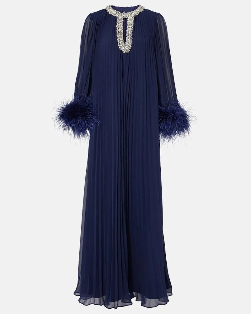 Self-Portrait Maxikleid mit Kristallen und Federn Blau