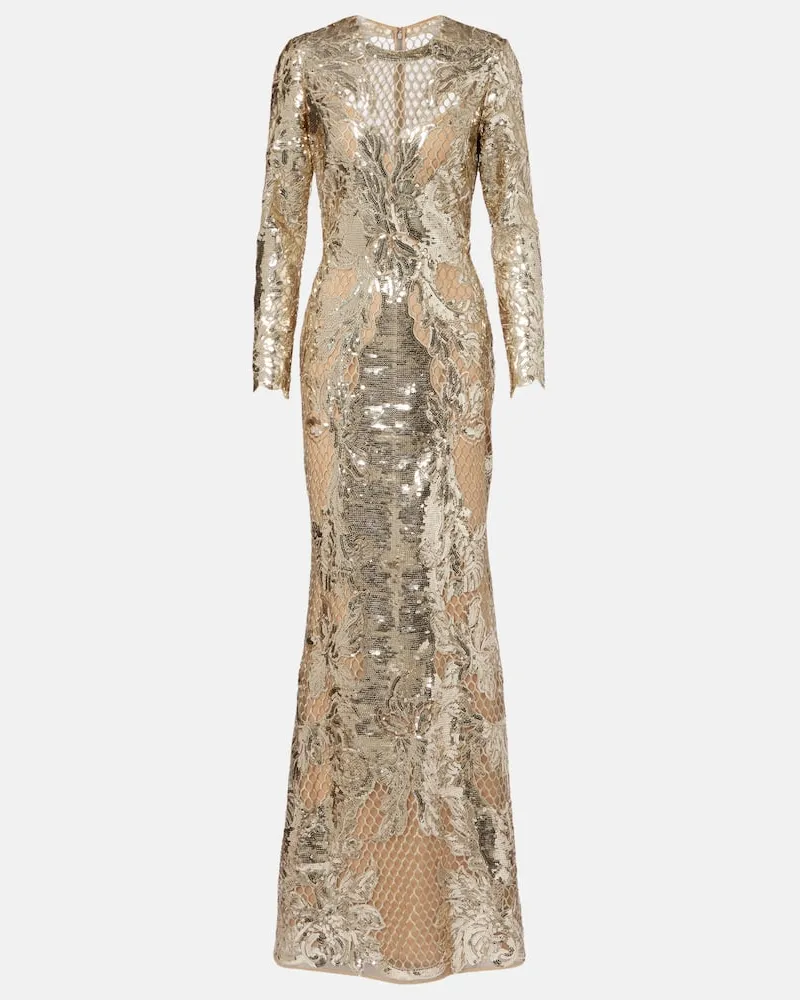 Elie Saab Bestickte Robe aus Tüll mit Pailletten Gold