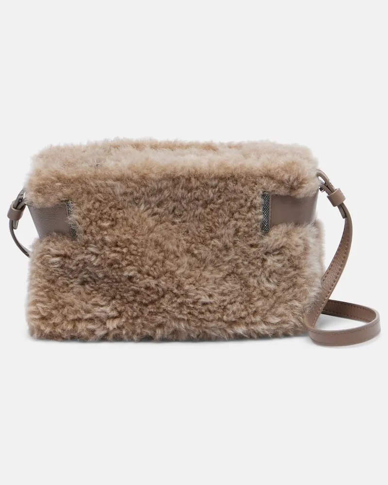 Brunello Cucinelli Clutch Small aus Shearling mit Leder Beige
