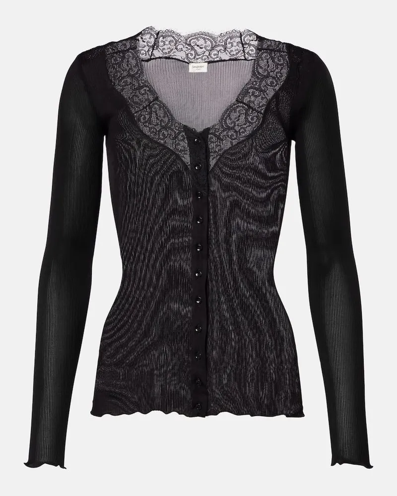 Saint Laurent Top aus Seide mit Spitze Schwarz