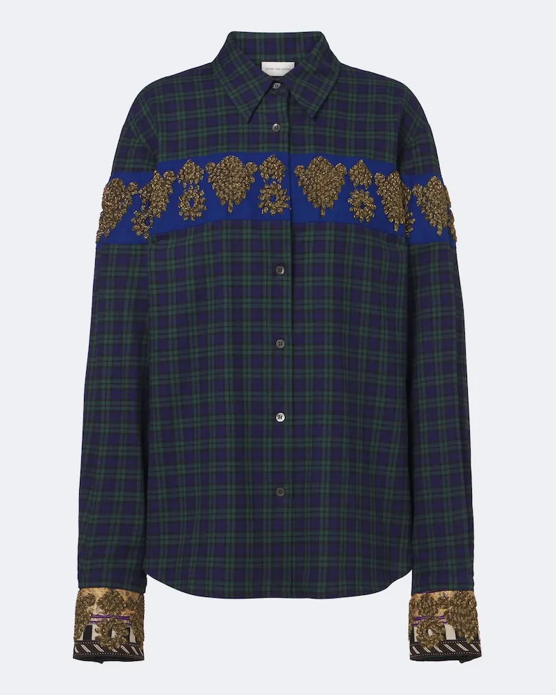 Dries van Noten Besticktes Hemd aus Baumwollflanell Grün