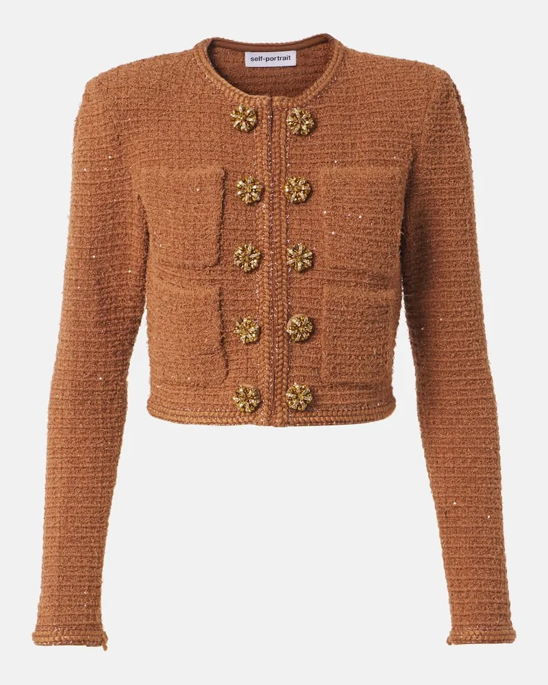 Self-Portrait Jacke aus Bouclé mit Kristallen und Pailletten Braun