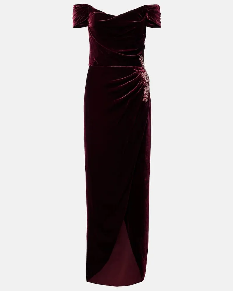 COSTARELLOS Verzierte Off-Shoulder-Robe aus Samt Burgund