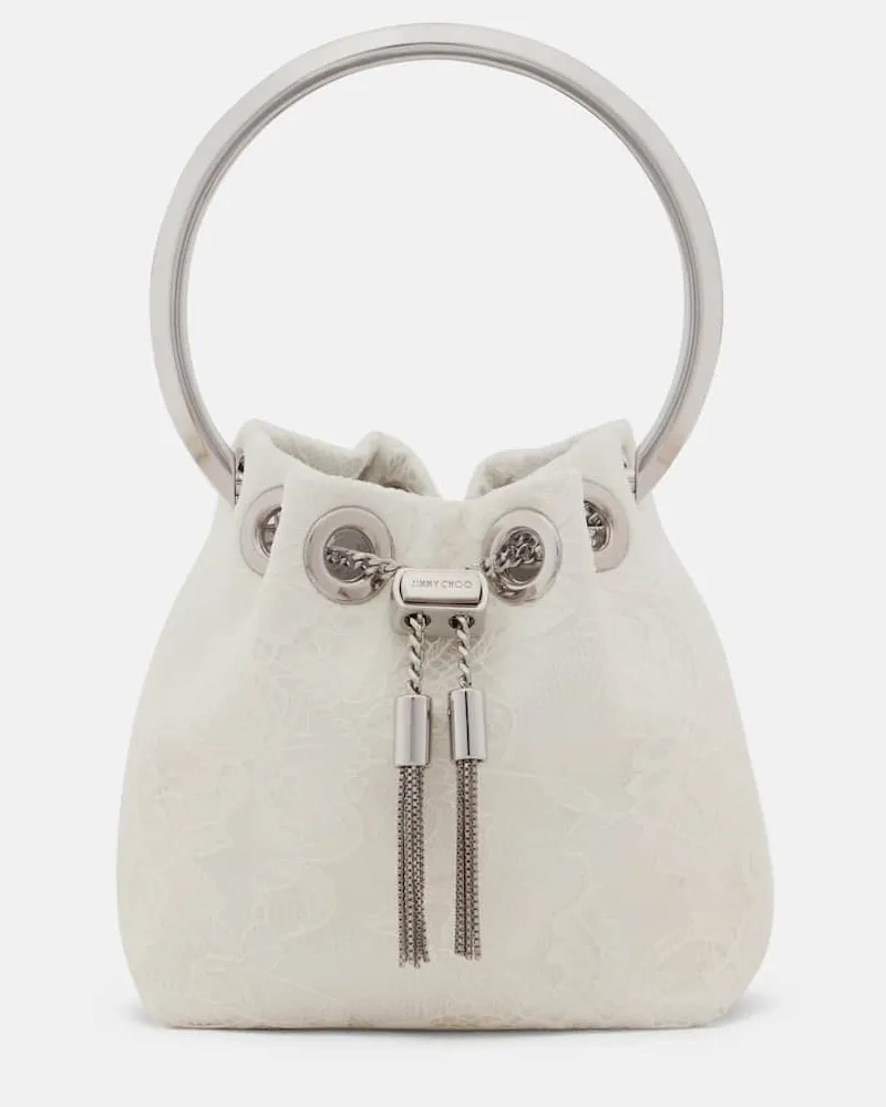 Jimmy Choo Bucket Bag Bon Bon Micro aus Spitze Weiß