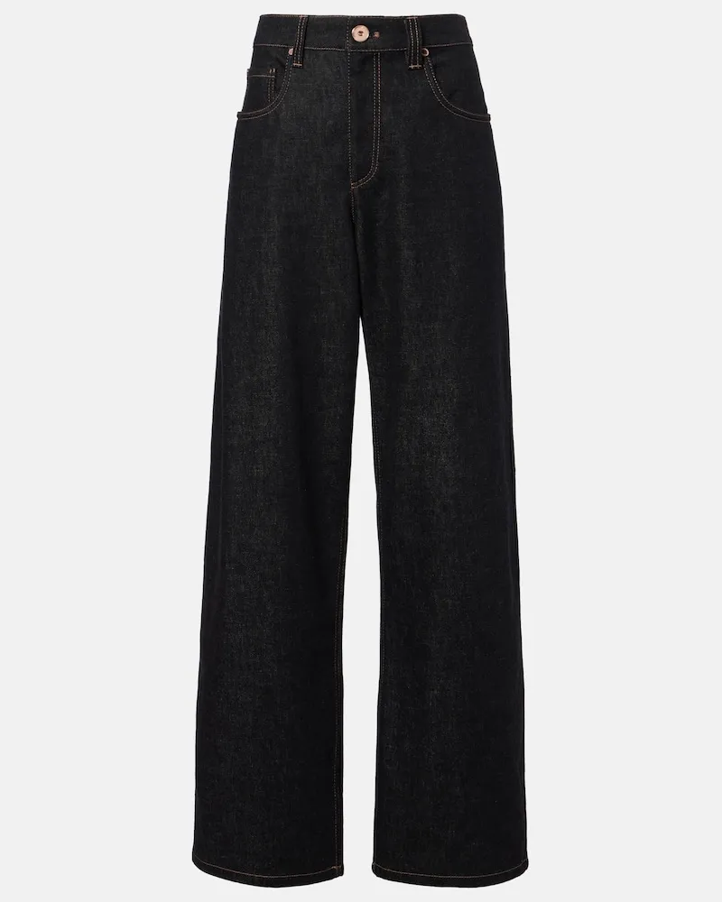 Brunello Cucinelli Wide-Leg Jeans mit Leder Schwarz