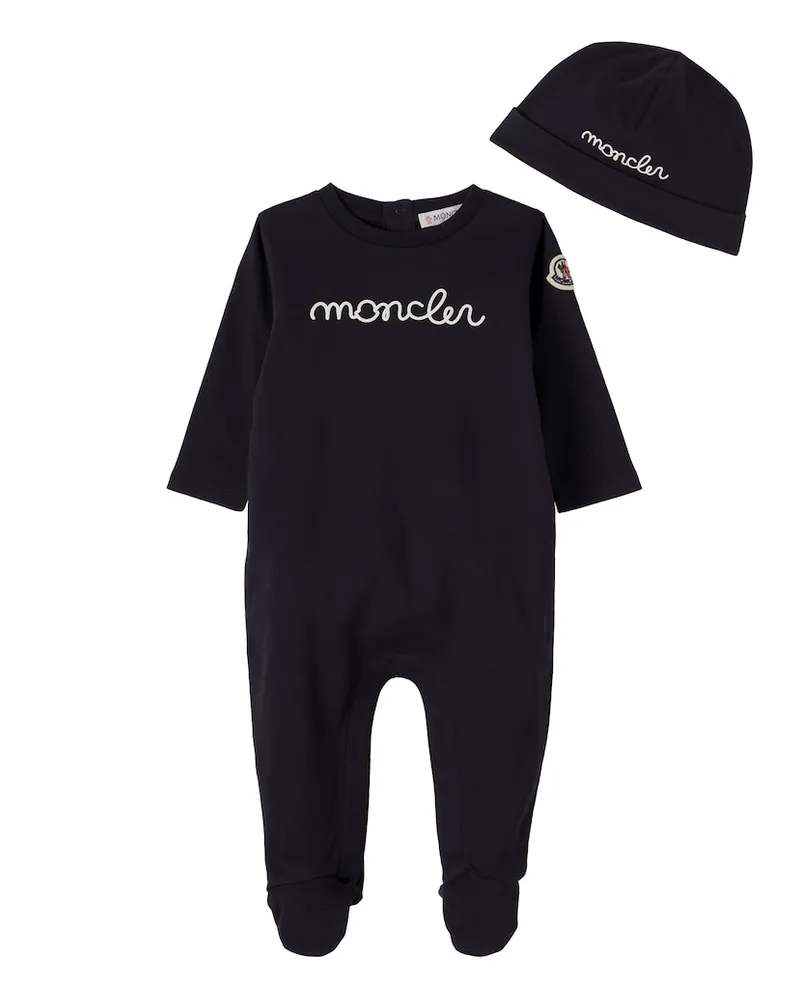 Moncler Baby Set aus Mütze und Strampler Blau