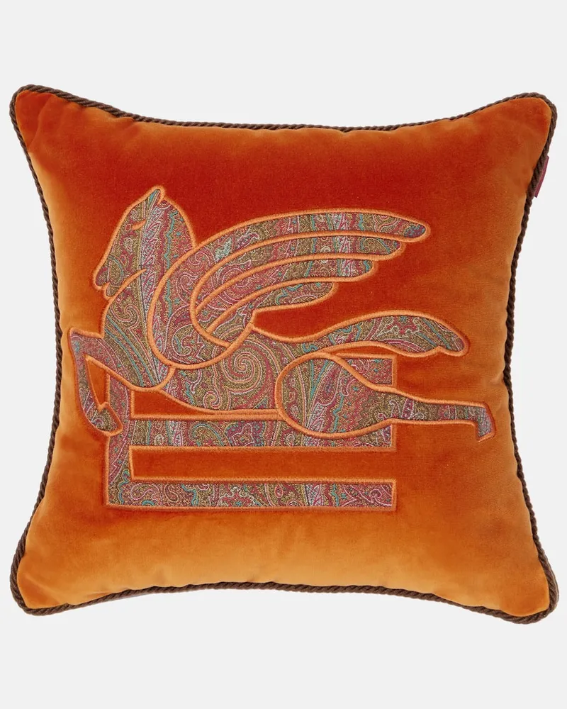 Etro Besticktes Kissen Pegaso aus Baumwollsamt Orange
