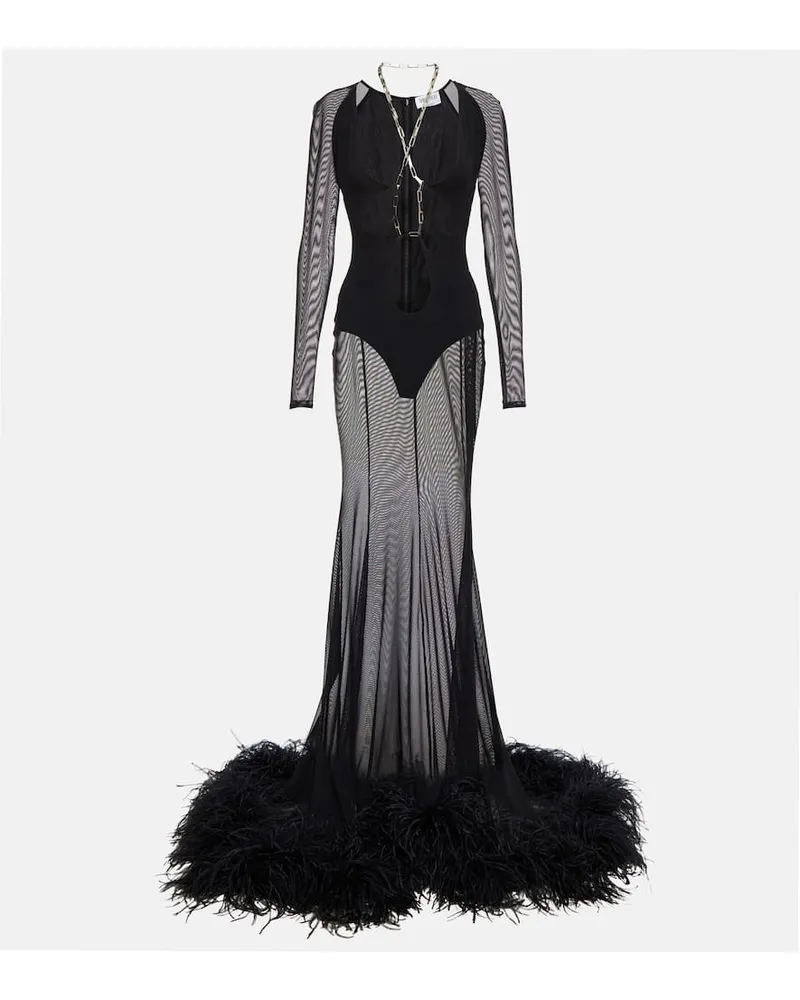 ATTICO Verzierte Robe aus Mesh mit Federn Schwarz