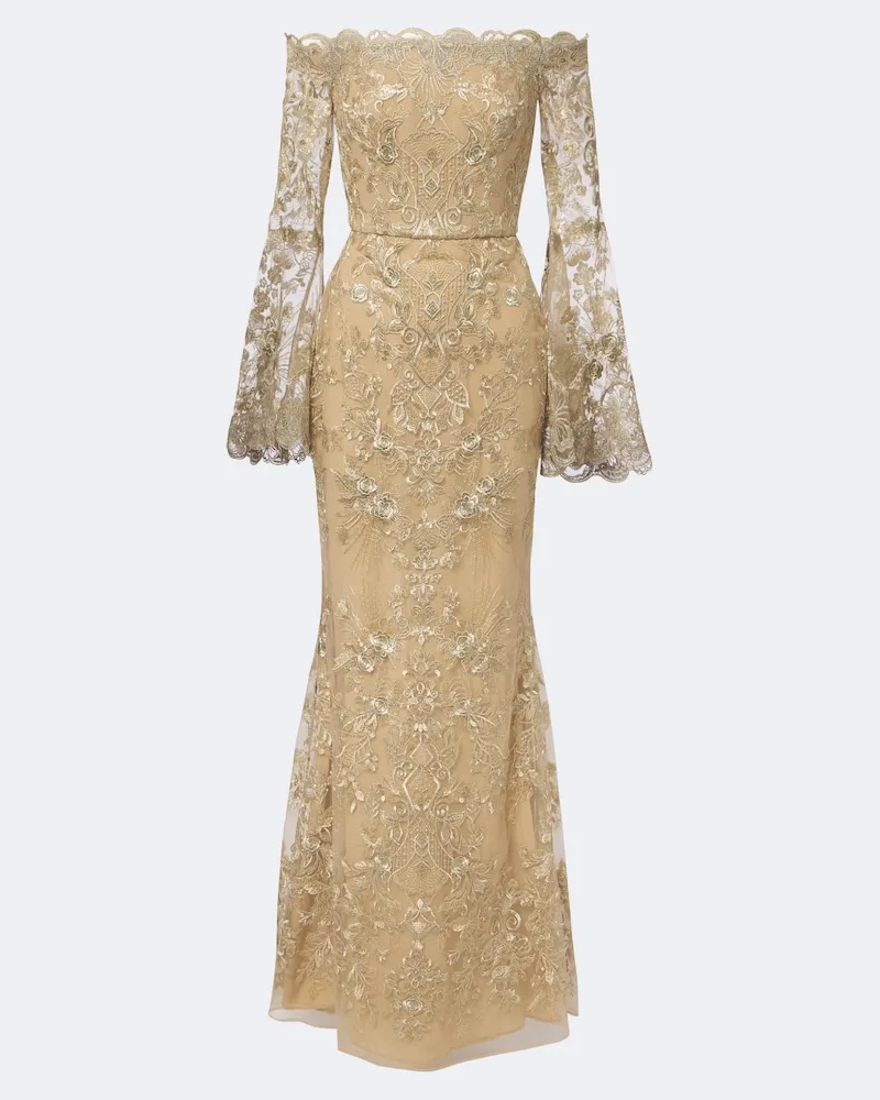 Elie Saab Off-Shoulder Robe aus Spitze mit Pailletten Gold