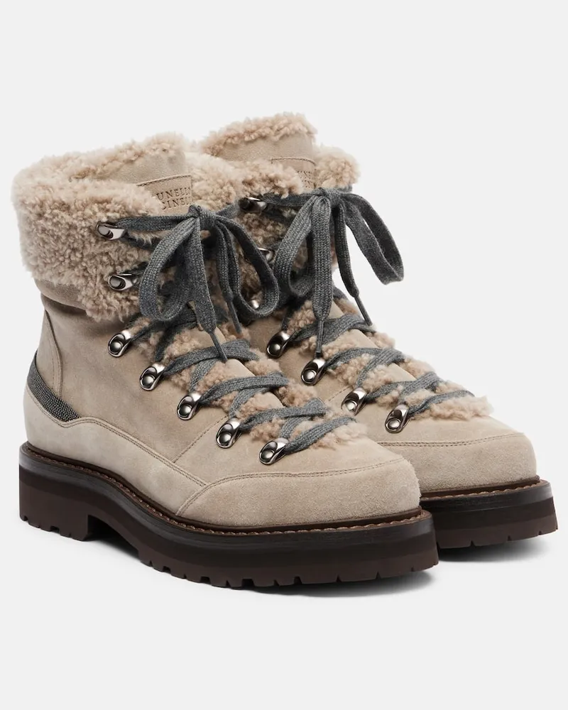 Brunello Cucinelli Schnürstiefel aus Veloursleder mit Shearling Grau