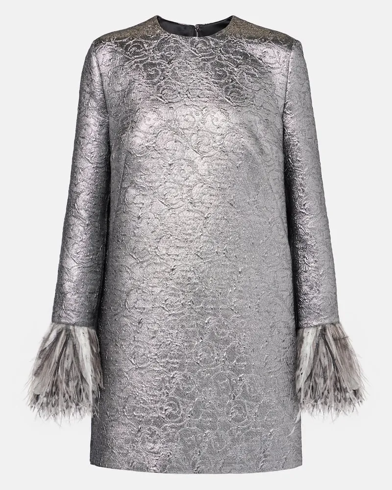 Dolce & Gabbana Minikleid aus Brokat mit Federn Silber