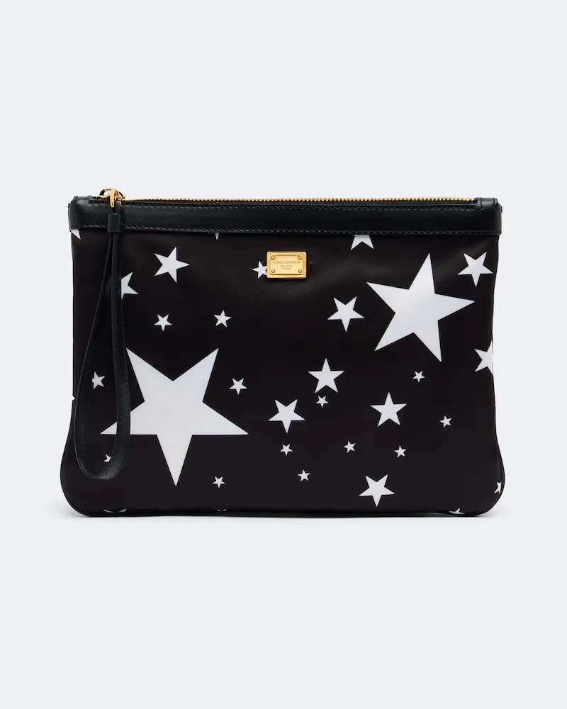 Dolce & Gabbana Bedrucktes Etui aus Satin mit Leder Schwarz