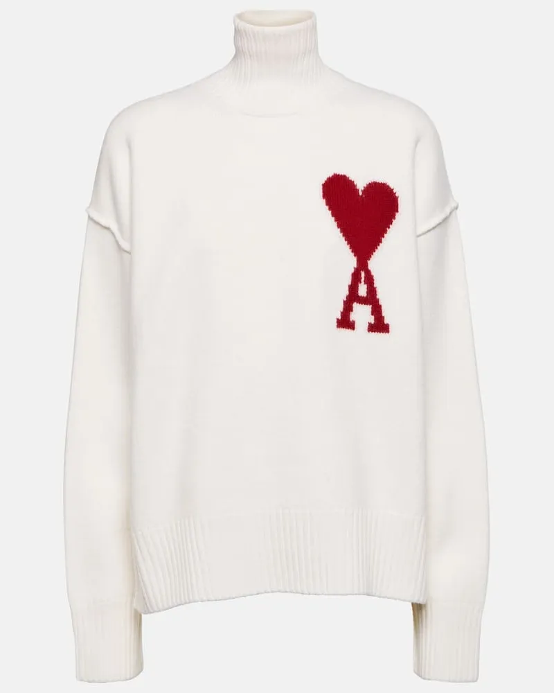 AMI Paris Rollkragenpullover Ami de Cœur aus Wolle Weiß