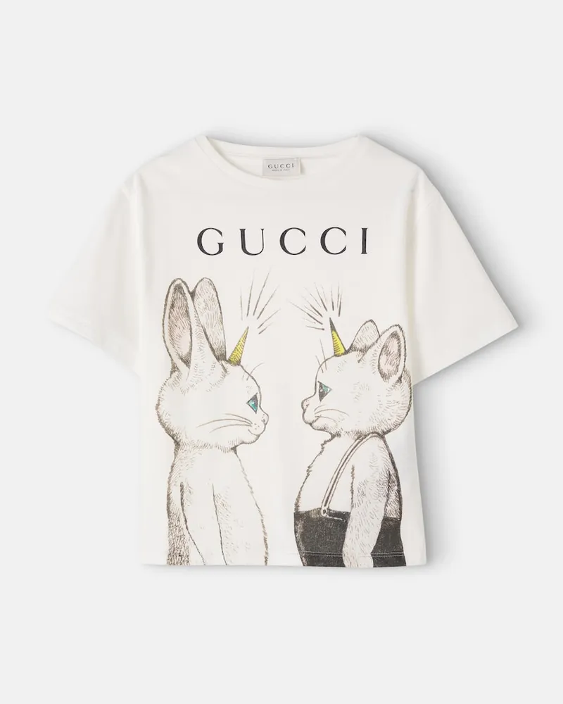 Gucci Bedrucktes T-Shirt aus Baumwoll-Jersey Weiß